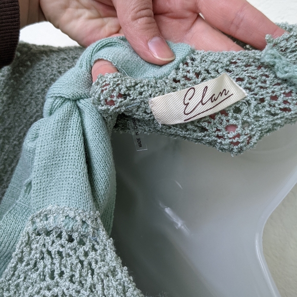 Elan Bow Back Sweater NWOT Open Back Light Green Crochet Knit V Neck Large - Picture 6 of 7
